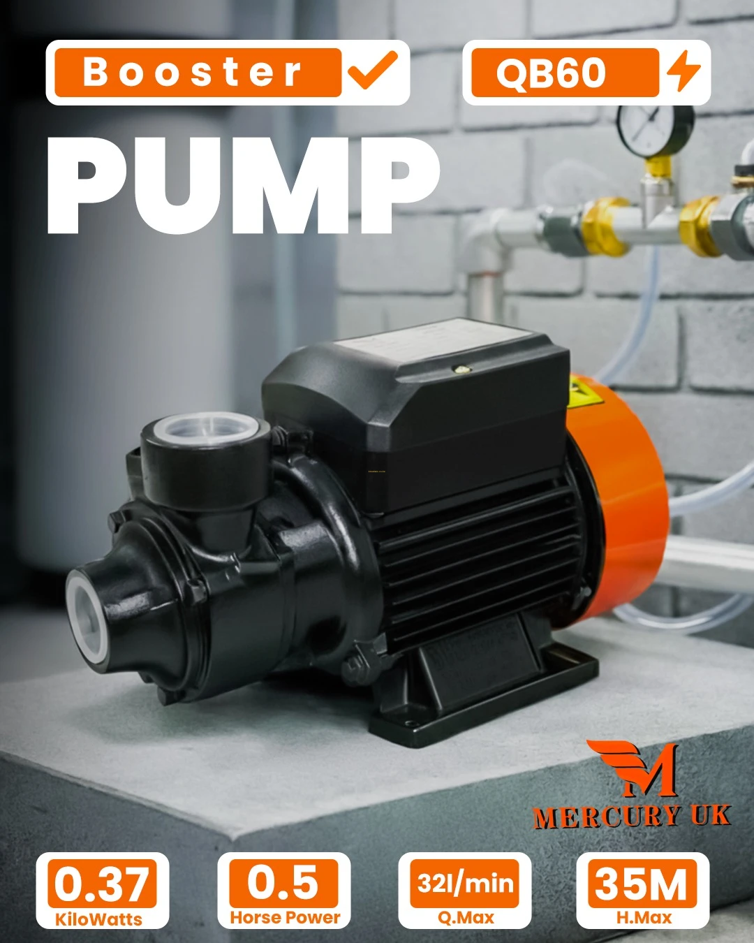 Mercury UK 35Mtrs Booster Pump 0.5HP QB60